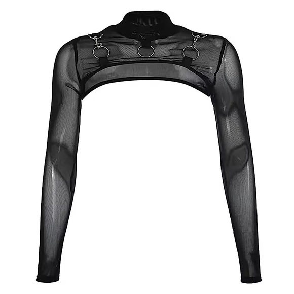 Black mesh metal buckle long sleeve crop top - Picture 2 of 16